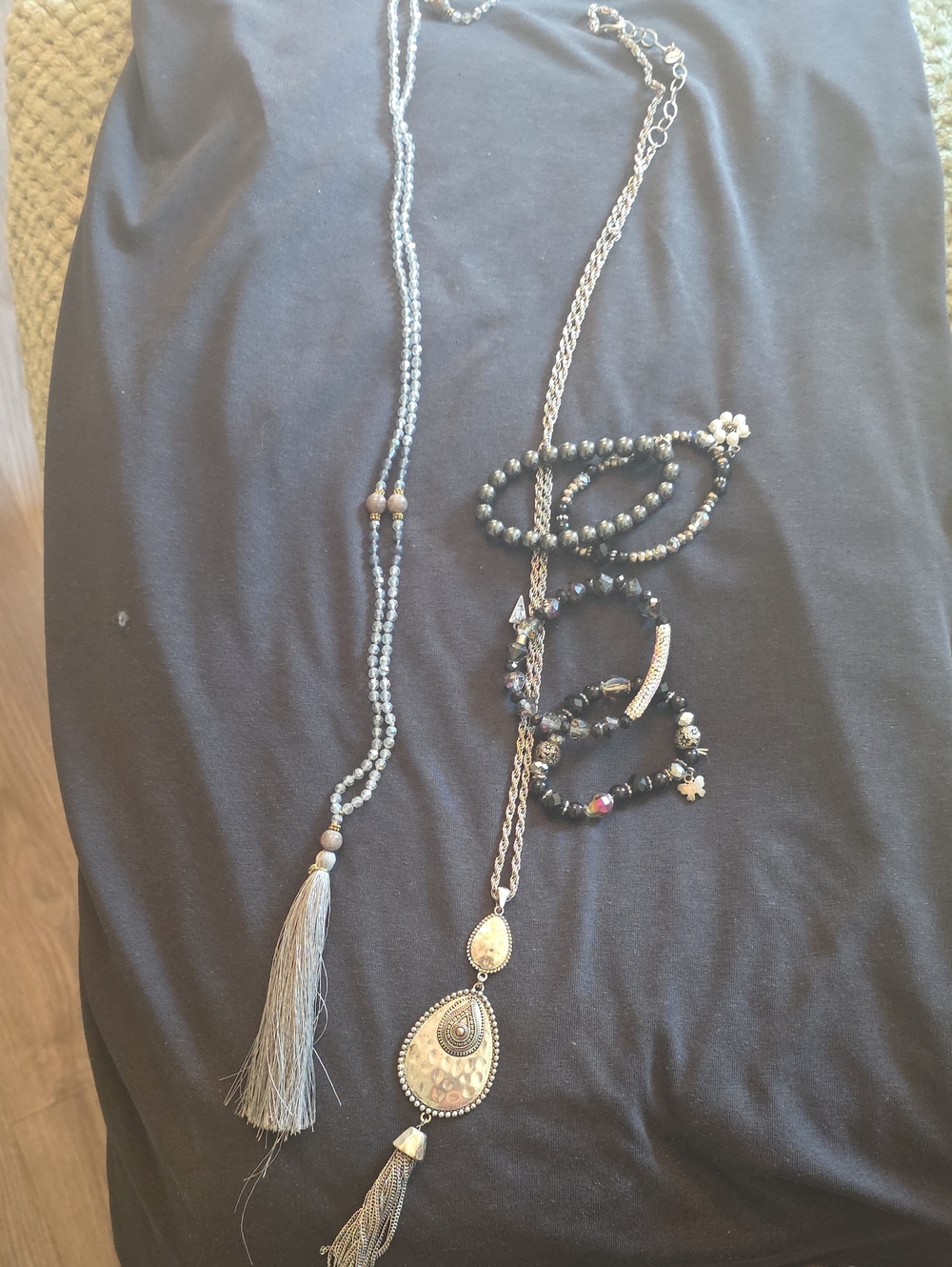 Boho Silver-Tone Tassel Pendant Necklace and Beaded Bracelet Set - Black